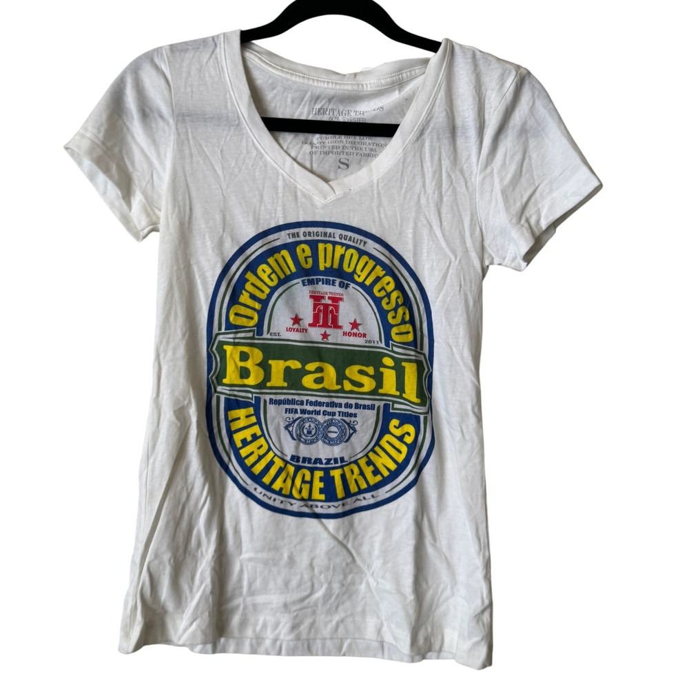 Heritage Trends Women's White Brazil V-Neck Short Sleeve T-shirt Size Small